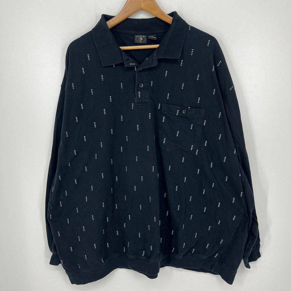 Falcon Bay Mens 4X Black Long Sleeve Geometric Dash Print Cotton Polo Shirt